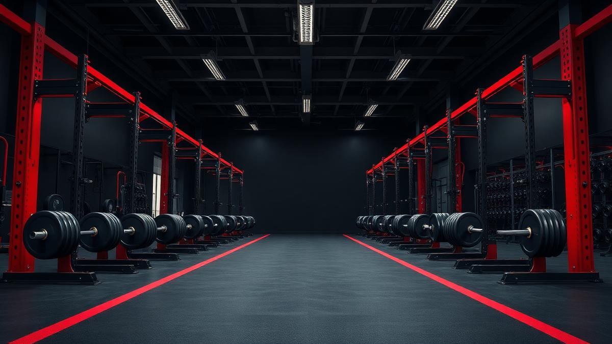 Sala de peso livre de academia com racks, barras e anilhas