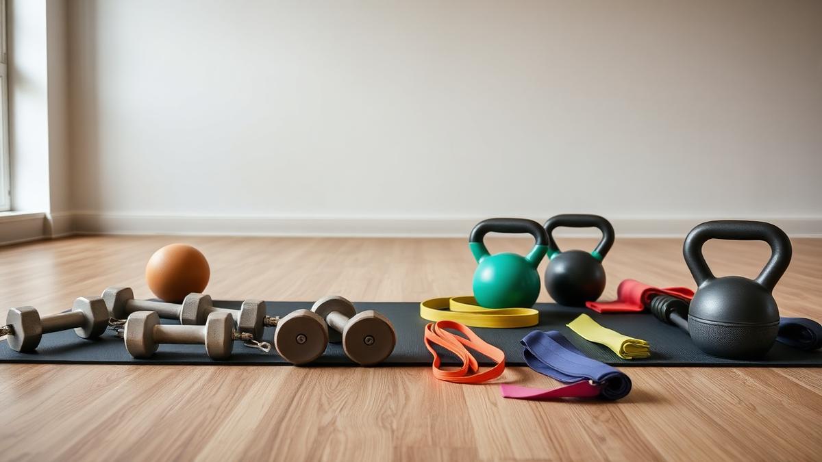 Kit compacto de halteres, kettlebells e elásticos sobre colchonete